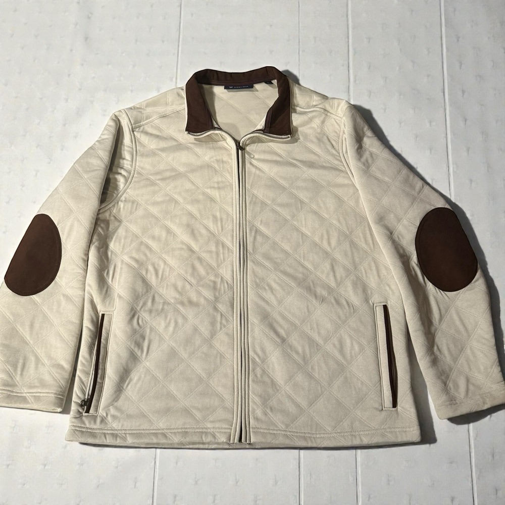 Cremieux Mens XL Quilted Jacket‎ Cream Brown Elbow Patch Full Zip Excellent